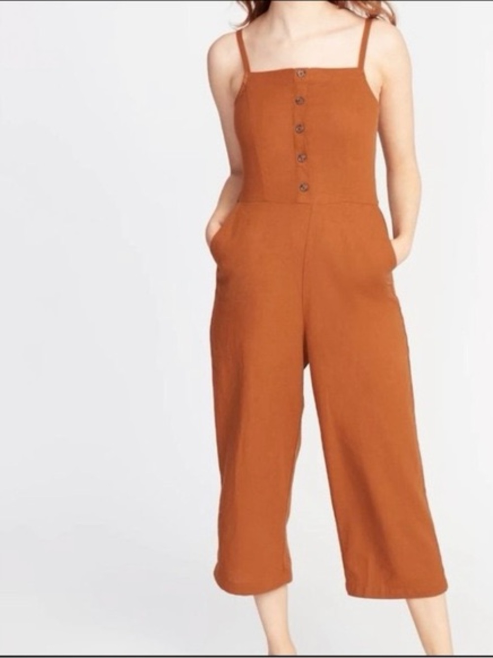 OLD NAVY | Rust Brown Button-Front Linen-Blend Cami Jumpsuit